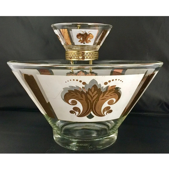 Vintage Anchor Hocking Festive Pattern 22k Gold/White Chip & Dip Set MCM - Picture 2 of 15